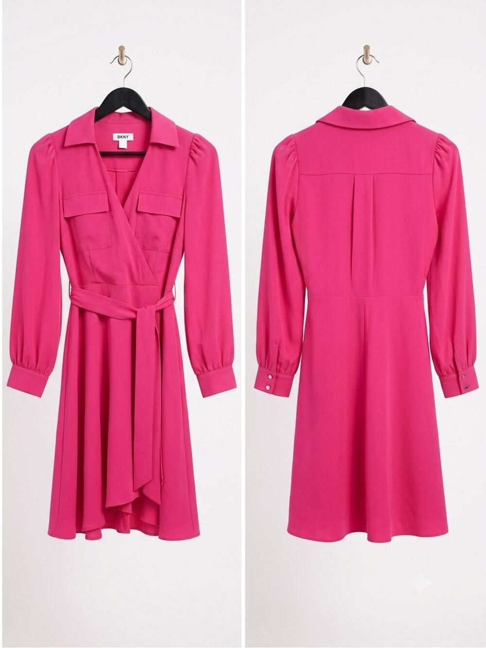 DKNY Magenta Pink Belted Faux Wrap Dress Long Sleeve Collared Utility Size 2 NWT